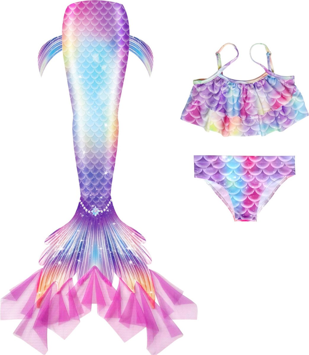 Joya Kids® Zeemeerminstaart met bikini verkleed set Blauw, Paars en Roze | Staart met bijpassende bikini | Mermaid Staart | Prinsessen jurk | Zeemeermin Verkleedkleding meisje | Maat 140